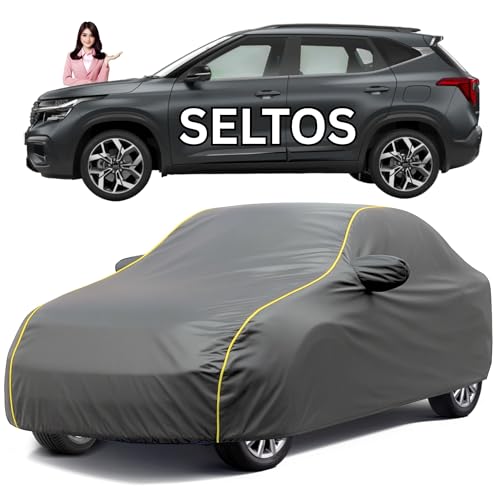 Image of Car Cover for Kia Seltos All Model & Years (2019-2024) 100% Waterproof with Mirror Pockets, Triple Stitched Bottom Elastic Dustproof Full Body Protection Heat & UV Resistant, Grey