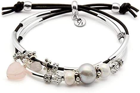 Lizzy James Ria Adjustable 2 Strand Silver Bracelet in Natural Black Leather with Pearl for Women with 2 Quartz Heart Charms