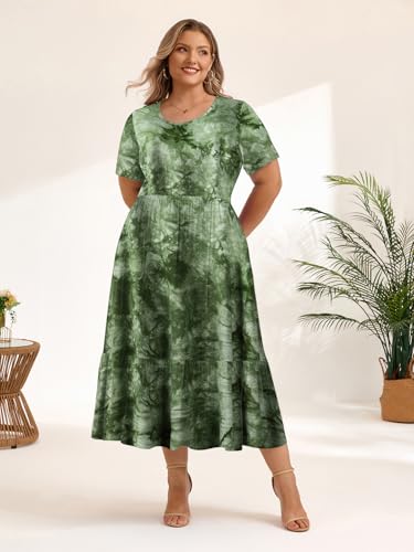 Image of LARACE Plus Size Dresses for Women Summer Casual Short Sleeve Long Dress Flowy Maxi Beach Dresses with Pockets L-6XL