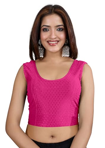 Image of TRENDMALLS Women's Dobby Pure Cotton Elastin Stretchable Readymade Round Neck Sleeveless Blouse Choli Stylish Saree Blouse Ready to Wear
