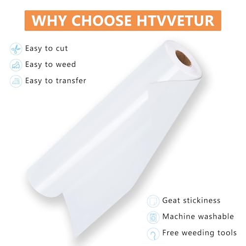 Image of HTVVETUR White HTV Iron on Vinyl 12Inch by 35ft Heat Transfer Vinyl for T-Shirt HTV Rolls for All Cutter Machine - Easy to Cut & Weed (35ft, White)