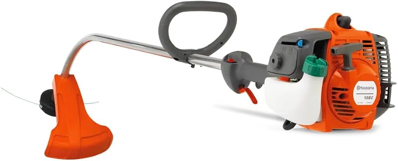 Recortadora de hilo a gas Husqvarna 128C, 28 cc, 2 tiempos, 17 pulgadas, eje curvo, con arranque inteligente, purga de aire y cabezal de corte T25 Tap 'n Go