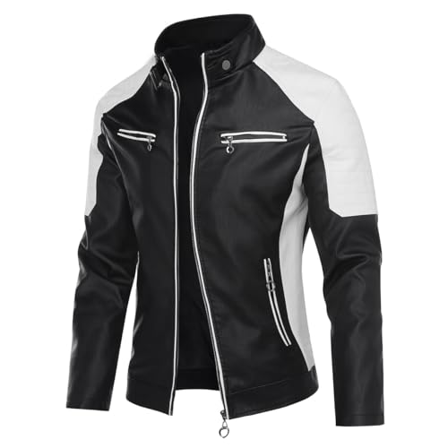 Image of Men's PU Faux Leather Jacket White Black Moto Bomber Fashion Slim Fit Coat