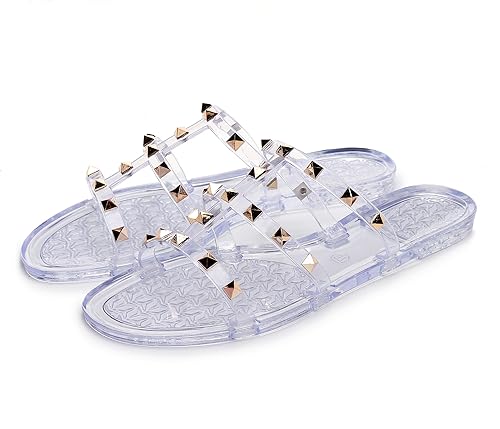 Image of Women Flats Sandals, Studded Jelly Shoes Size 9 Red Dressy Summer Beach Rivets Strappy Jellies Slide Slip On Open Toes