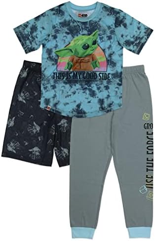 LEGO Star Wars Pajama Set for Boys, 3-Piece Grogu, Baby Yoda T-Shirt, Lounge Pants, and Shorts Set, Light Blue, Size 8