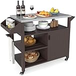 COSTWAY Outdoor Grill Cart, BBQ Movable Food Prep Pizza Oven Table with Storage Cabinet, Spice Rack, Shelves & Stainless Steel Top, Portable Kitchen Island on Wheels (Brown, 116 x 50 x 87cm)