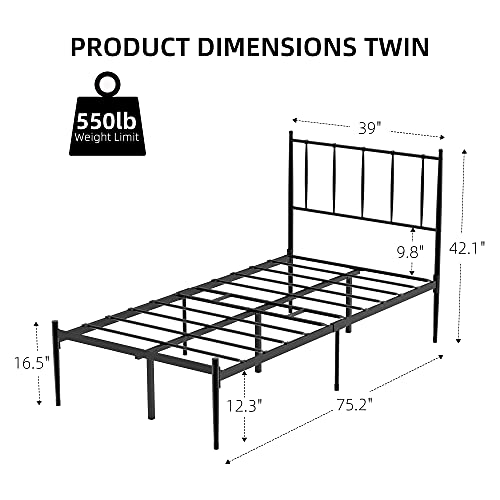 Amyove Twin Size Platform Bed With Metal Headboard, Bed Frame Mattress Foundation With Slat Support And 12.3" Storage Height No Box Spring Needed (Black + Metal, Twin) #TOP1