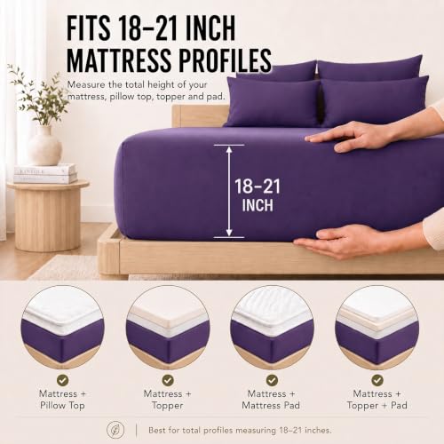 Image of CozyLux 6-Piece King Size Sheet Set, Fits 18-21 Inch Mattresses, Oeko-TEX | 4 Pillowcases, 1 Flat Sheet and 1 Fitted Sheet with All-Around Elastic and 21-Inch Deep Pocket for a Secure Fit, Purple