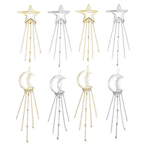 8 Pack Star and Moon Decorative Hair Pins, Barrette Clips for Girls (Gold, Silver)
