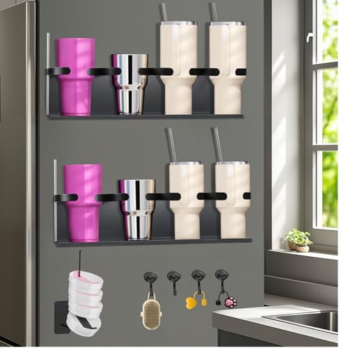 ECHEAAKW Magnetic Water Bottle Organizer Holder Set, Tumbler Lid Straw Organizer for Stanley & Large Tumbler, Metal Stanley Cup Holder with 4 Magnetic Hooks, Mug Stand Kitchen Organizers