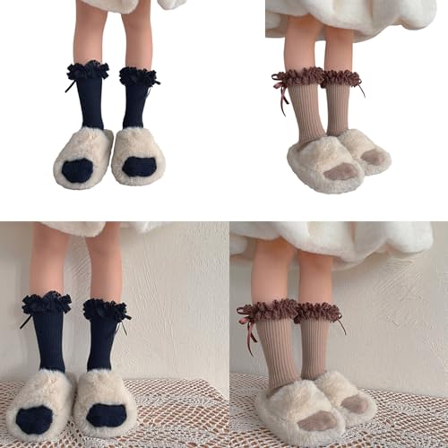 1 Pair Stackable Baby Socks Lace Trimmed Bowknot Socks Solid Girls Middle Tube Socks for 1-13 Year Kids2