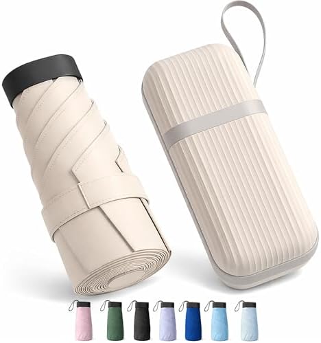 REXERA UV Travel Mini Folding Ultra Compact pastel Umbrella with Case, Manual Open 6 Ribs Lightweight Portable, Small Sun & Rain Pocket Umbrella for Men and Women- Use in Rain & Summer (Beige)