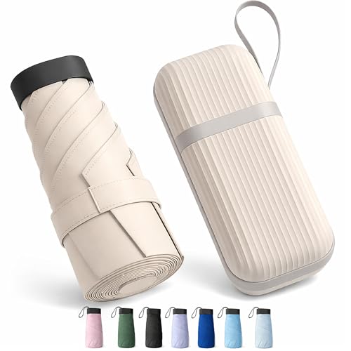 Image of REXERA UV Travel Mini Folding Ultra Compact pastel Umbrella with Hard Case, Manual Open 6 Ribs Lightweight Premium Portable, Windproof Small Sun & Rain Pocket Umbrella for Men and Women- Use in Rain & Summer