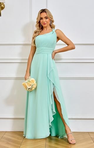 Chiffon One Shoulder Bridesmaid Dresses with Slit A-Line Long Formal Party Dress with Pockets4
