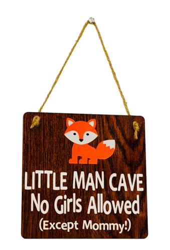 Little Man Cave No Girls Allowed Door Hanger - Fox - Rustic Wooden Nursery Decor -Boys Room Decor - Baby Shower Gift