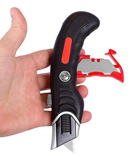 Internet's Best Ergonomic Utility Knife - Set of 2 - Retractable Razor Knife Set - Box Cutter Locking Razor Knife - Storage Pouch Extra Blade Refills - Quick Blade Change - Black