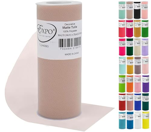 Image of Expo International Decorative Matte Tulle, Roll /Spool of 6 Inch x 25 Yards (Pack of 1), Polyester-Made Tulle Fabric, Matte Finish, Lightweight, Versatile, Washable, Easy-to-Use, Beige