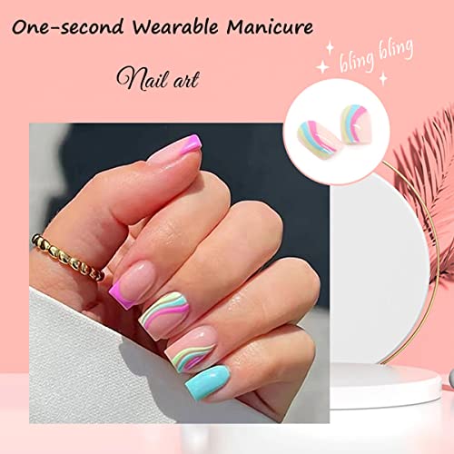 Square Press On Nails Short,Press On Nails Medium Fake Nails French Acrylic Full Cover Nail Tips False Nails Nail Press On With Glue For Women And Girls (4) #TOP3