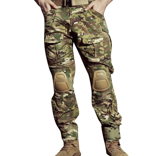 OCANXUE Men’s Tactical Pants with Knee Pads Camo Cargo Pants Waterproof Hiking Pants 10 Pockets No Belt CP Camo 28