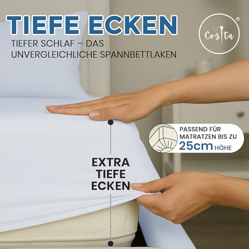 Cozita Basics Spannbettlaken 140x200cm - 100% Baumwoll Jersey Bettlaken, Öko-Tex Zertifiziert, bis 25 cm Matratzenhöhe – Weiß – Ansicht 5