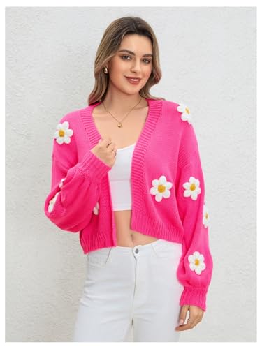 Image of MakeMeChic Women's 3D Floral Cardigan Sweaters Open Front Cropped Cute Cardigan Lantern Sleeve Outerwear