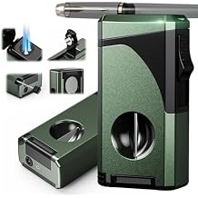 6-in-1 Triple Torch Lighter, with Holder, Punch, Straight & V Cutter, Draw Enhancer Tool, Included Gift Box for Men, Outdoor Multifunctional Accessories, Windproof Refillable Butane Lighter for Travel