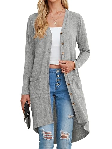 GRECERELLE   Cárdigans para mujer, ligeros, 2025, de manga larga, estilo Duster, casual, con botones, cárdigan largo, ropa exterior con bolsillos, Gris, Large