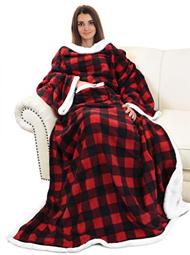 Image of Catalonia Sherpa Wearable Blanket with Sleeves and Pocket for Adults
