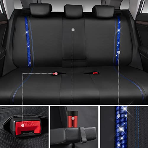 Image of CAR PASS Bling Diamond Car Seat Covers Full Set, Shining Rhinestone Waterproof Faux Leather, Rear with Zipper, Universal Fit Automotive Glitter Crystal Sparkle Strips for Cute Women Girl, Blue