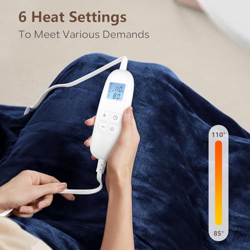 Image of Electric Heated Blanket Queen Size 84 inch x 90 inch with 6 Heating Levels & 8h Auto Off, Ultra Soft Flannel Full Body Fast Heating Warming Blanket for Bed Sofa Home Office, Machine Washable, Blue