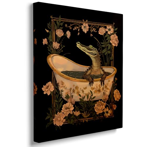 Crocodile Bathroom Wall Art Canvas Print, Whimsical Alligator Bath Poster,