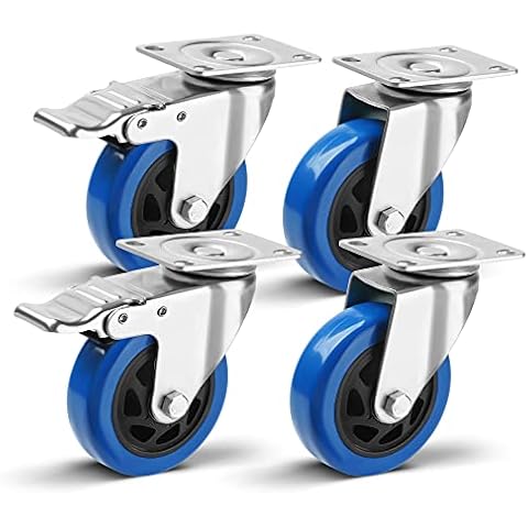 WISD 4 Inch Heavy Duty Castor Wheels with 2 Brake, 100mm up to 400 KG, set of 4, Silent Swivel Furniture Caster for Indoor and Outdoor Use, Blue Cover