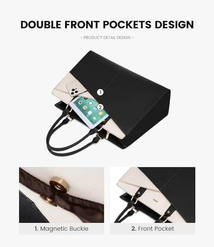 LOVEVOOK Laptop Tote Bag for Women, Leather Business Office Work Bag Computer Briefcase with Small Clutch fit for 15.6 Inch Laptop Black-Beige3