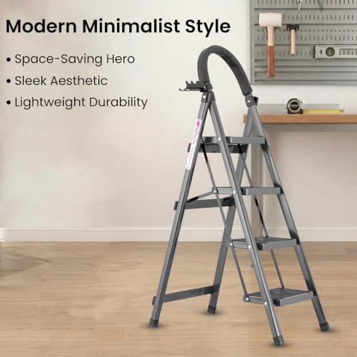 Image of Casa Copenhagen Grey 4 Step Ladder for Home Use with Built-in Tool Tray | Heavy Duty D Shape Rods | Ultra Large Platform | Secure Lock and Stability | 150Kg Capacity Foldable Ladder - 7 Years Warranty