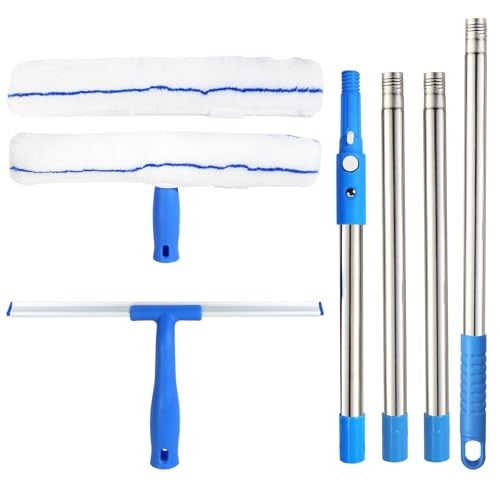 Aevorant Kit de Limpieza de Cristales Telescópico con Palo de Acero Inoxidable de 160 cm – Incluye Rasqueta, Cabezales de Cepillo y Marco en T para Limpieza Sin Rayas en Cristales, Espejos