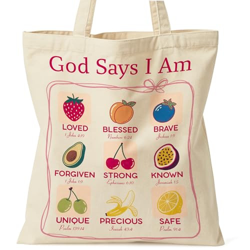 Zallobee Bible Verse Tote Bag, Christian Canvas Bag, God Says I Am, Double-Sided Print, Inner Pocket