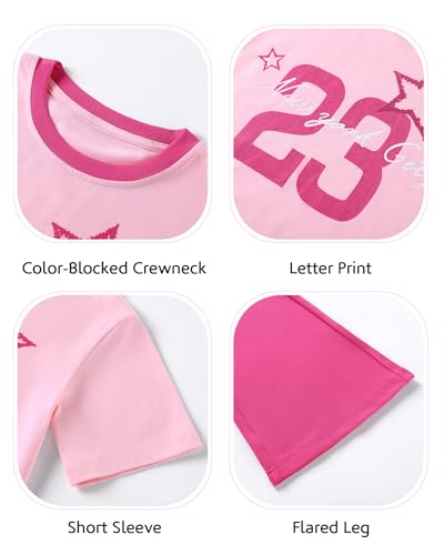 Image of Girls 2 Piece Outfit Colorblock Short Sleeve Graphic Tee & Flared Pants Casual Summer Clothes Set for Age 6-14