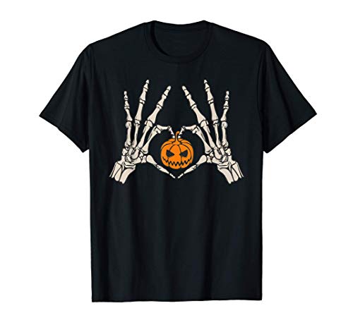 Skelton Hands Love Heart Shape Pumpkin Spooky Halloween Goth Camiseta