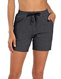 MOCOLY Damen Sport Shorts Fitness Gym Shorts Atmungsaktive Bermuda Kurze Hose Sweatshorts Kurz Sporthose Laufhose Jogginghose Turnhose mit Taschen Kurze Lang-Dunkel Grau XL