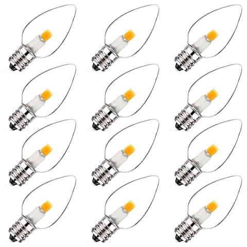 Jslinter 12-Pack C7 LED Night Light Bulb, Candelabra Light Bulbs E12 Base, 0.6 Watt Equivalent 7W Incandescent, 2700K Clear Warm White, Window Candles, Chandeliers, String Light Replacement Bulb Cover