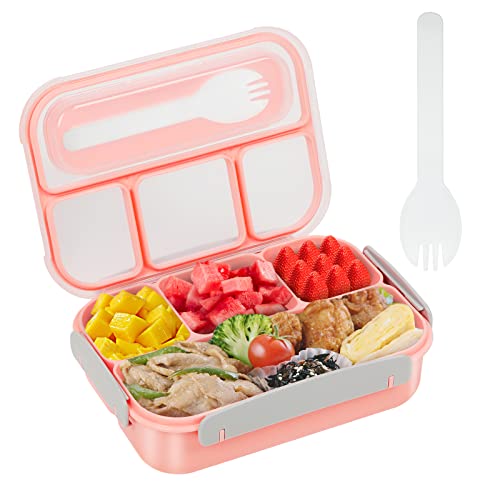 1300ML Bento Box for Adult, Leak-proof Bento Lunch Box for Kids, Lunch Containers for Toddler - BPA Free, 4 Compartment,4 Lock Clips, 1 Fork - Dishwasher, Microwave, Freezer Safe for Camping/RV(Pink)