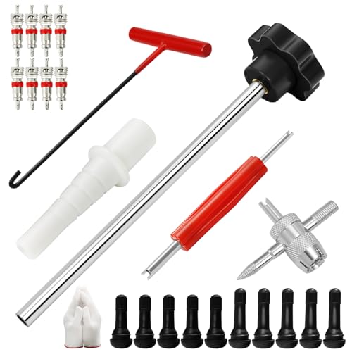 BOJIAN 23PCS Tire Valve Stem ToolQuick Change Valve Installer Kit with TR413/TR414 Valve Stems Valve Stem Removal Tool 4-Way Valve Core Removal Toolfor Cars Motorcycles Lawn Mowers ATVs (Black)