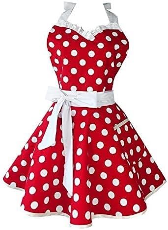 Chef Aprons for Men Women with ，Aprons With Pockets Red Kitchen Aprons Woman Cotton Polka Dot Cooking Apron Dress Apron