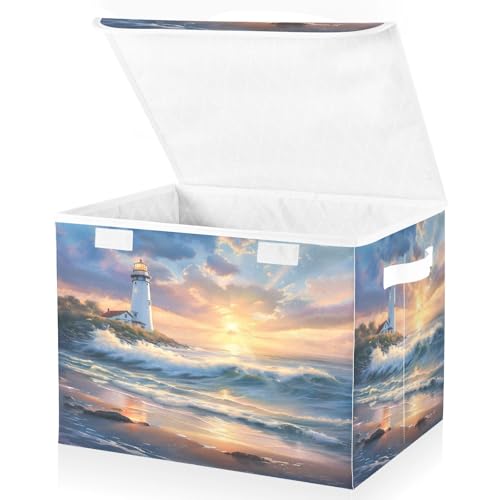 Image of senya Large Storage Bins with Linen Collapsible Foldable Storage Cubes Fabric Closet Organizer Containers box with Flip-Top Lid for Home Bedroom Office 16.7 x 12.6 x 11.8in (Seaside Scenery)