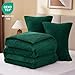ChiXpace Flannel Fleece Comforter King Set - Furry Green Leaves Pattern Faux Fur Bed Set, Winter Ultra Soft Fuzzy Comfort Set, Velvet Bedding Set for Bed with 2 Pillow Cases