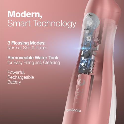 Image of AquaSonic Water Flosser - Cordless Rechargeable Water Flossers for Teeth Cleaning - Waterproof Aqua Flosser, Portable Oral Irrigator for Dental Cleaning with 5 Jet Tips - Braces Home Travel