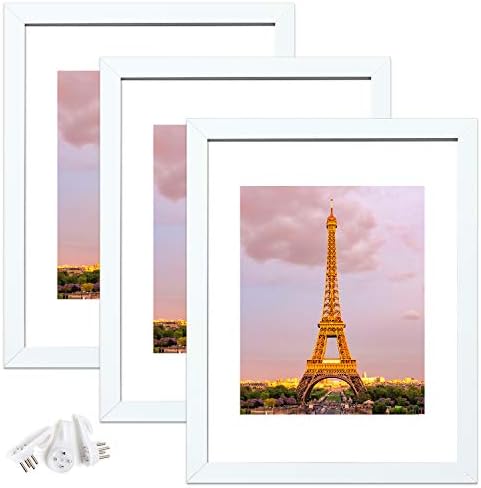 upsimples 11x14 Picture Frame Set of 3, Made of High Definition Glass for 8x10 with Mat or 11x14 Without Mat, Wall Mounting Photo Frames, White