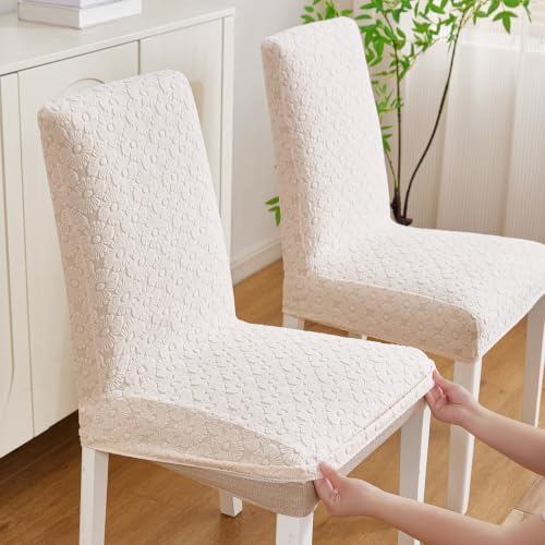 Image of HOMETHREADS Elastic Jacquard Chair Cover Stretch Removable Washable Short Dining Chair Cover Protector Seat Slipcover (D Cream, Pack of 2)