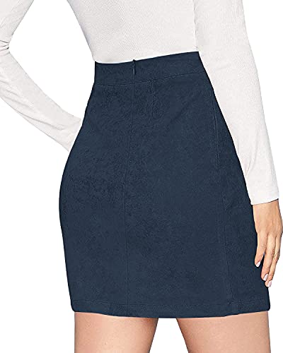 Image of MANGOPOP Women's Basic Faux Suede High Waist A-line Mini Pencil Bodycon Skirt (A03 Navy Blue, Medium)