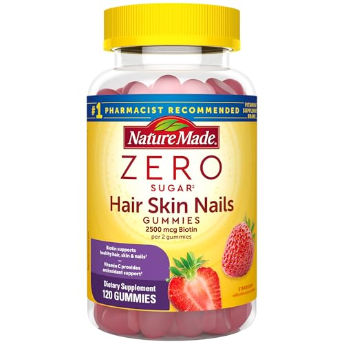 Nature Made Zero Sugar Hair Skin Nails Gummies, Biotin 2500 mcg per Serving, 120 Sugar Free Gummies, 60 Day Supply